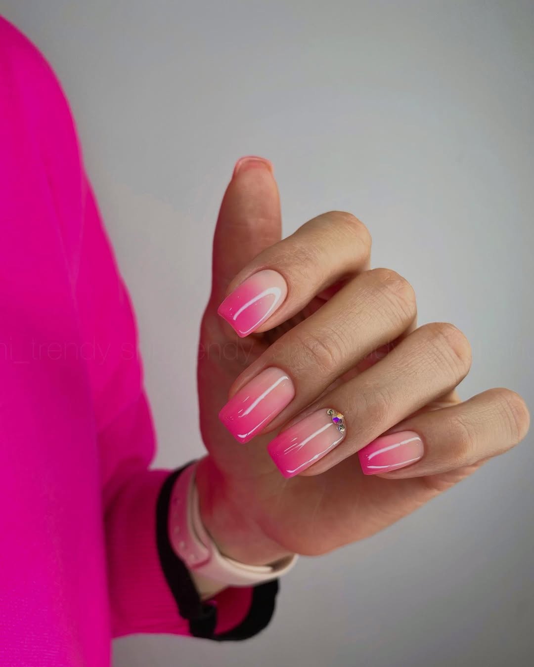 Glossy Pink Ombre Square Nails with Rhinestone Accent