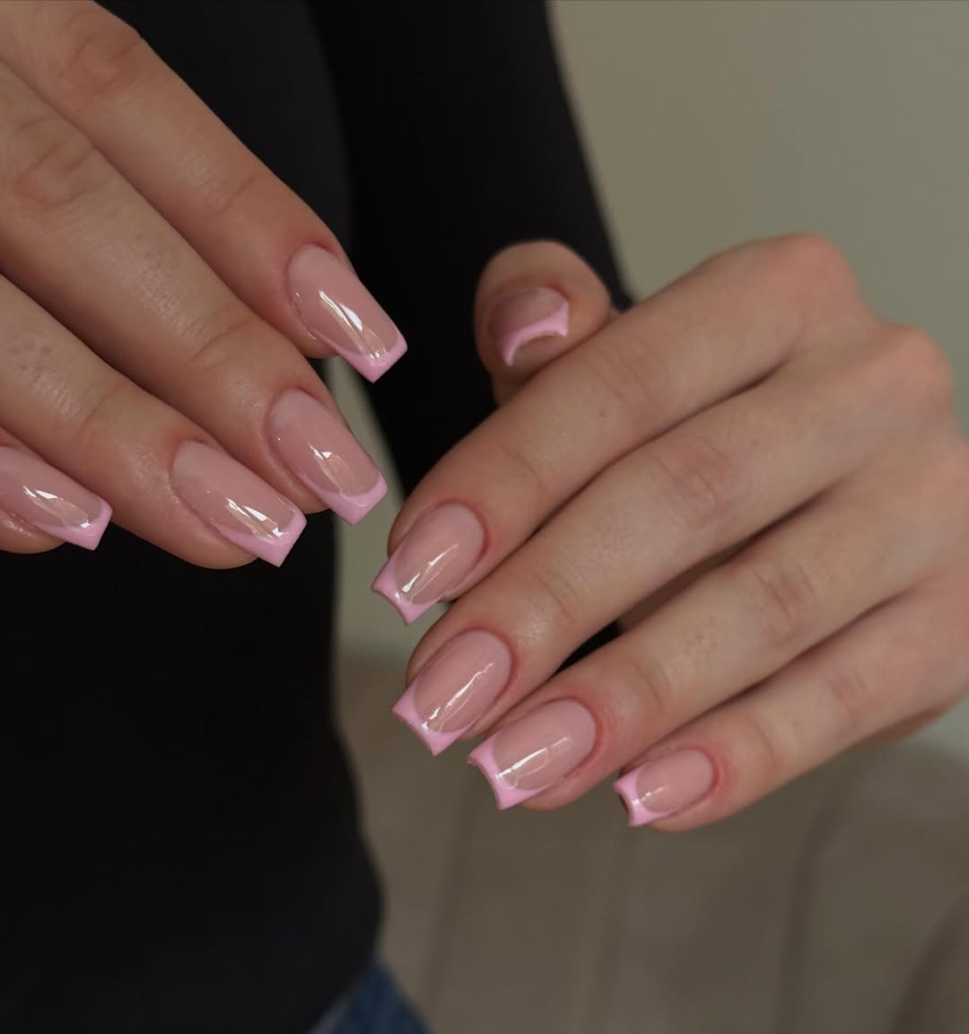 Glossy Pink Squoval French Tip Nails