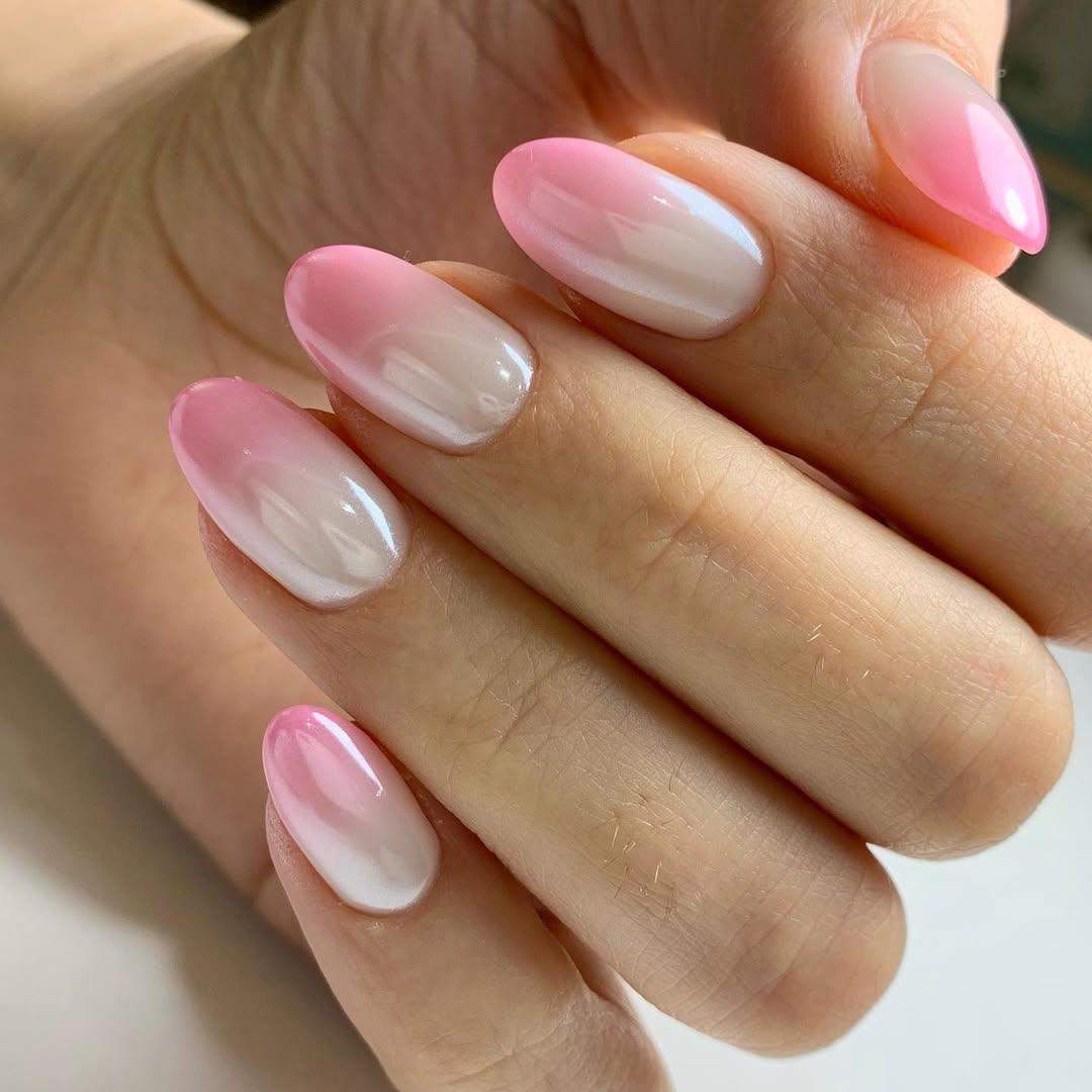 Glossy Pink to White Ombre Oval Nails