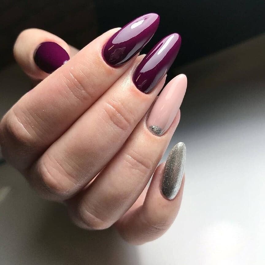 Glossy Plum Nude Silver Almond Nails