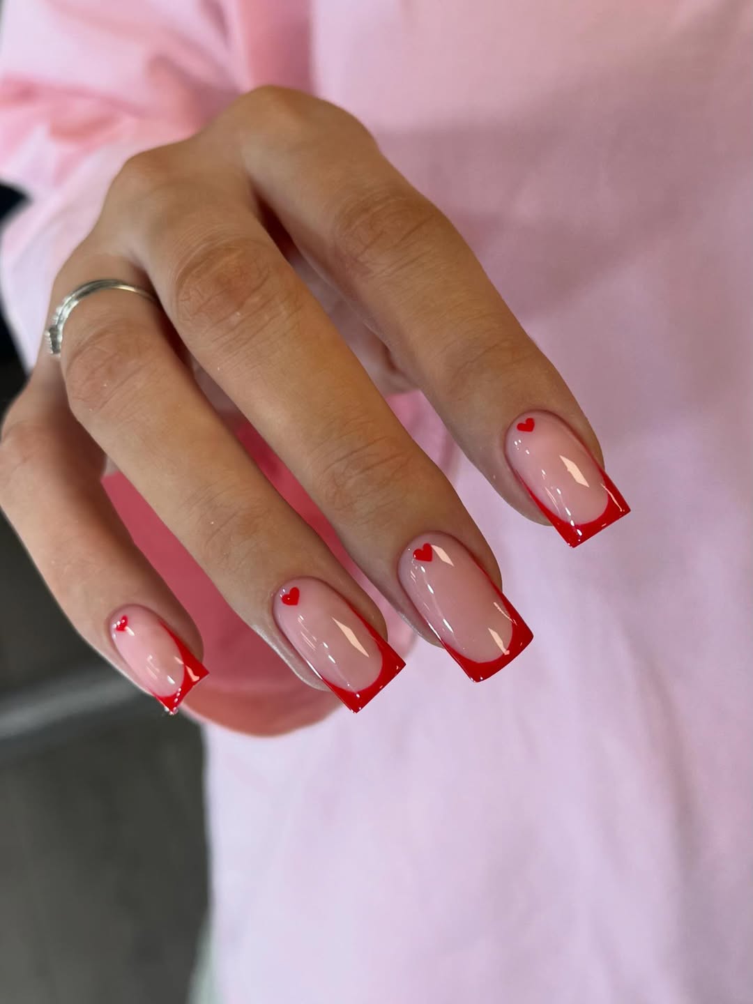 Glossy Red Heart French Tip Coffin Nails