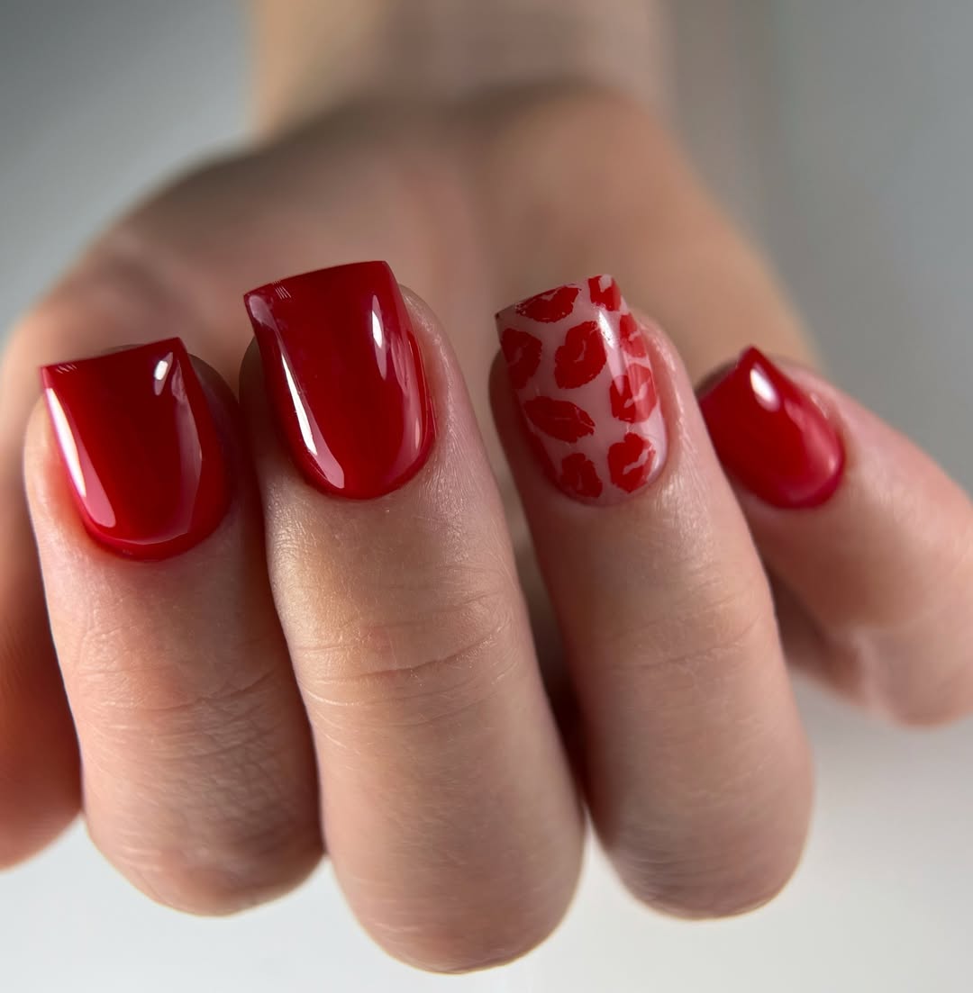 Glossy Red Kiss Print Squoval Nails