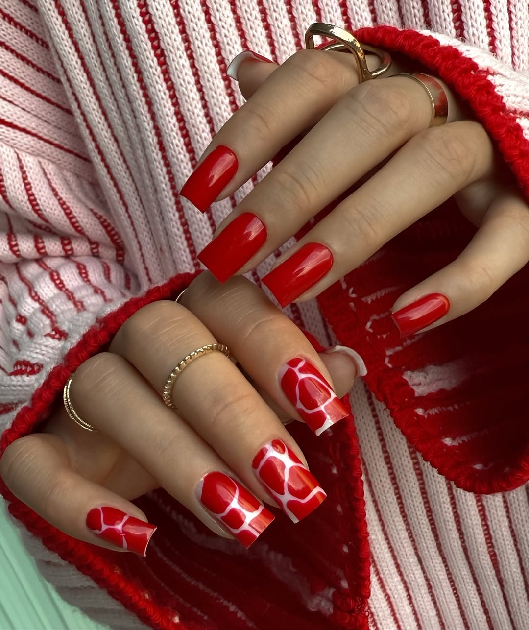 Glossy Red Short Squoval Cow Print Nails