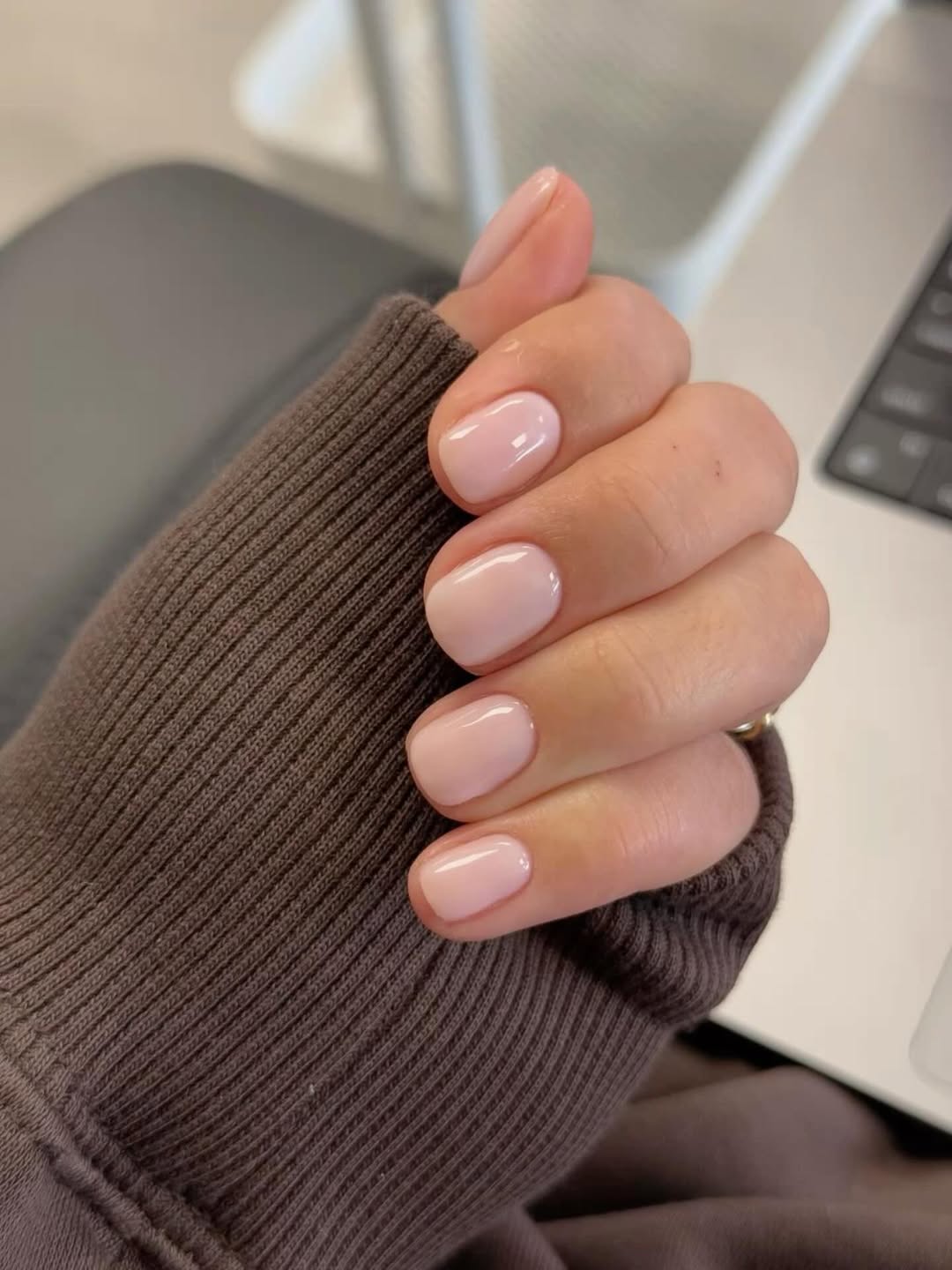 Glossy Sheer Baby Pink Round Nails