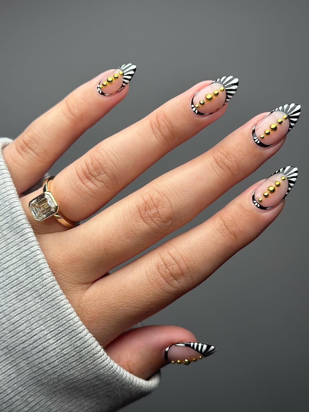 Gold Beaded Black and White Abstract French Tips