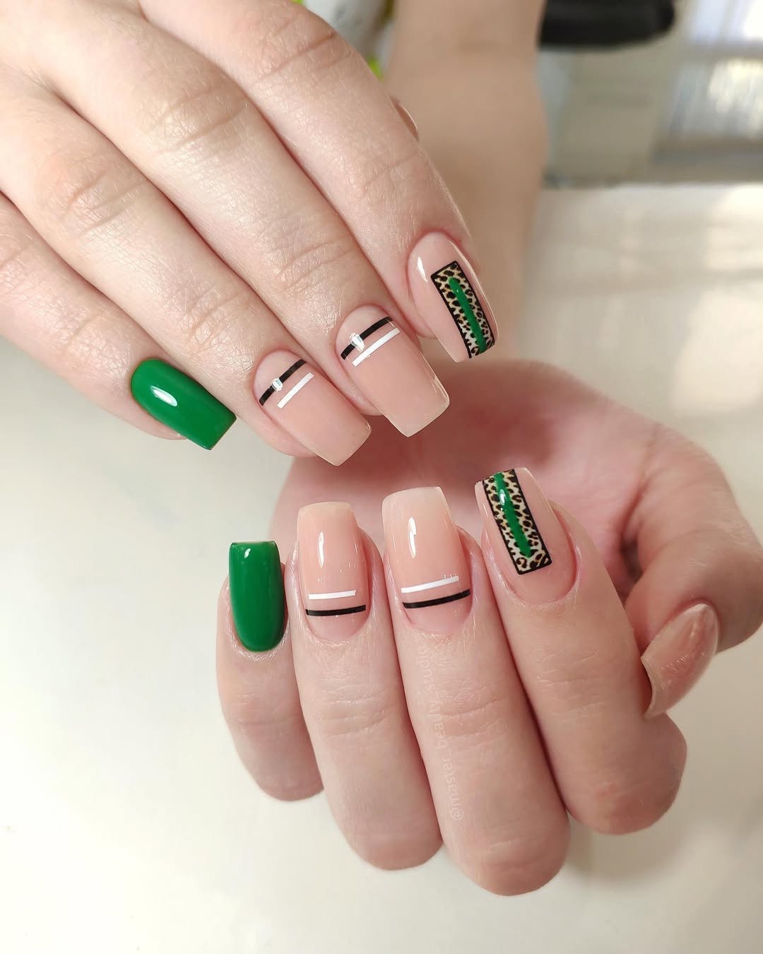 Green Leopard Negative Space Striped Nails