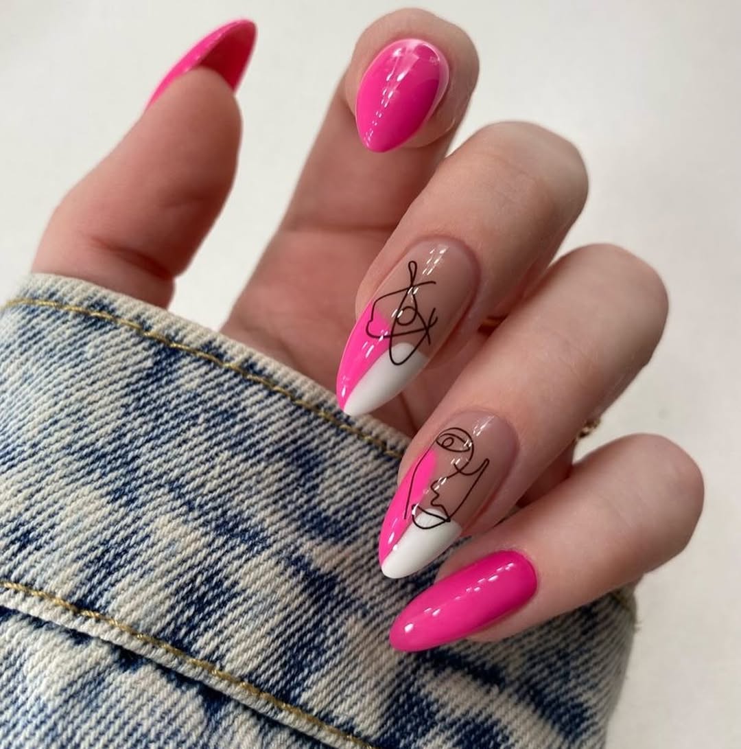 Hot Pink Abstract Face Art Almond Nails