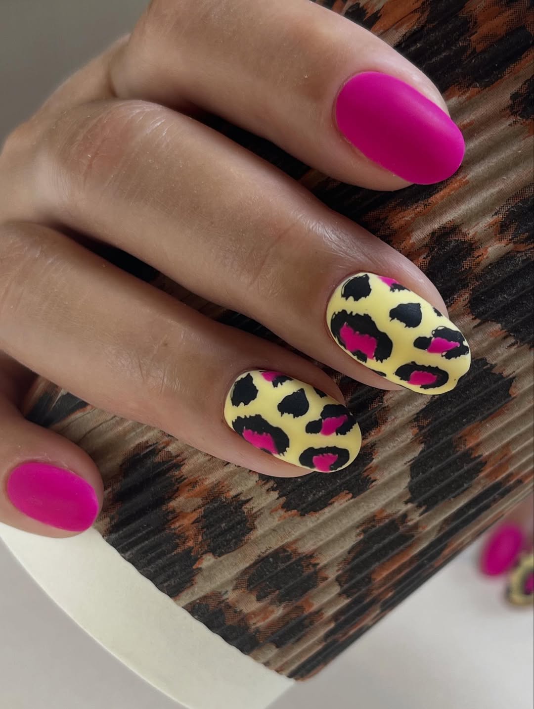 Hot Pink and Neon Leopard Print Short Round Nails
