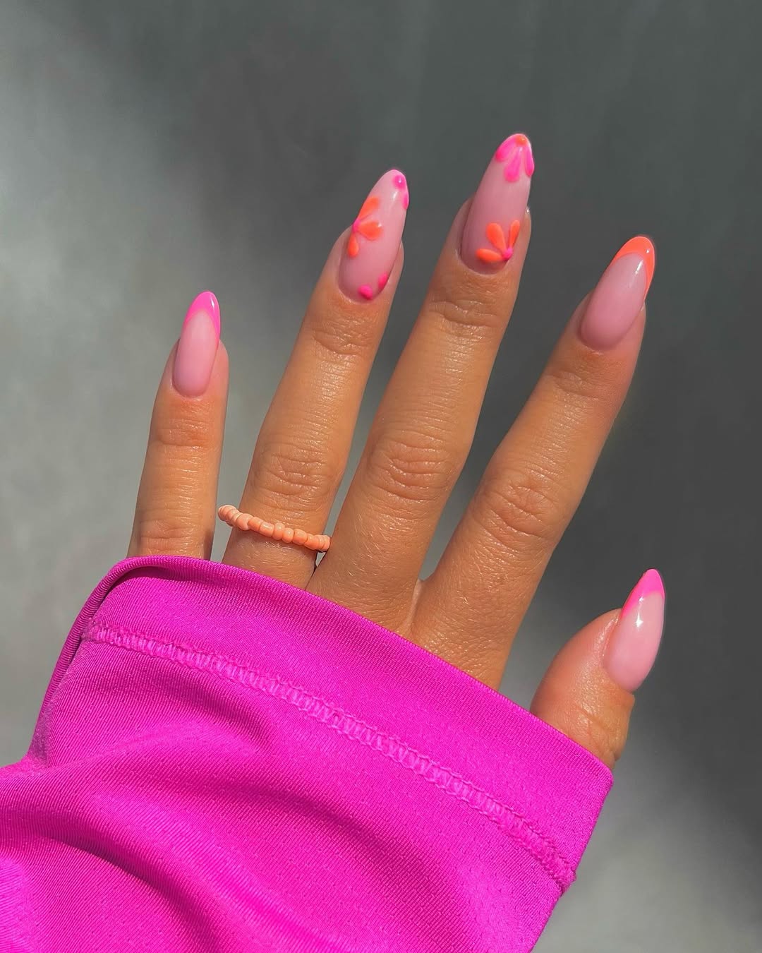 Hot Pink and Orange Floral French Tips