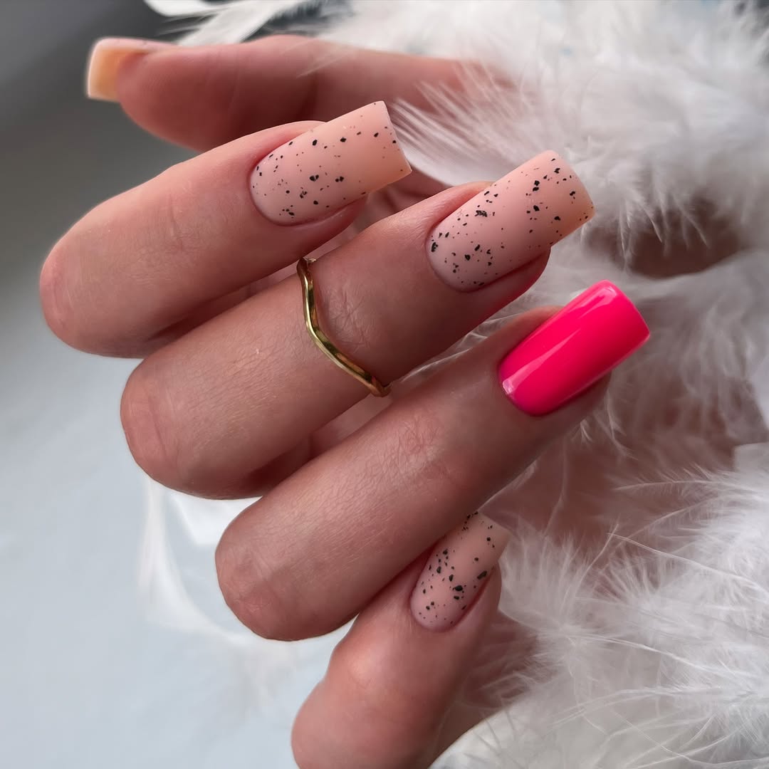 Hot Pink and Speckled Nude Square Nails