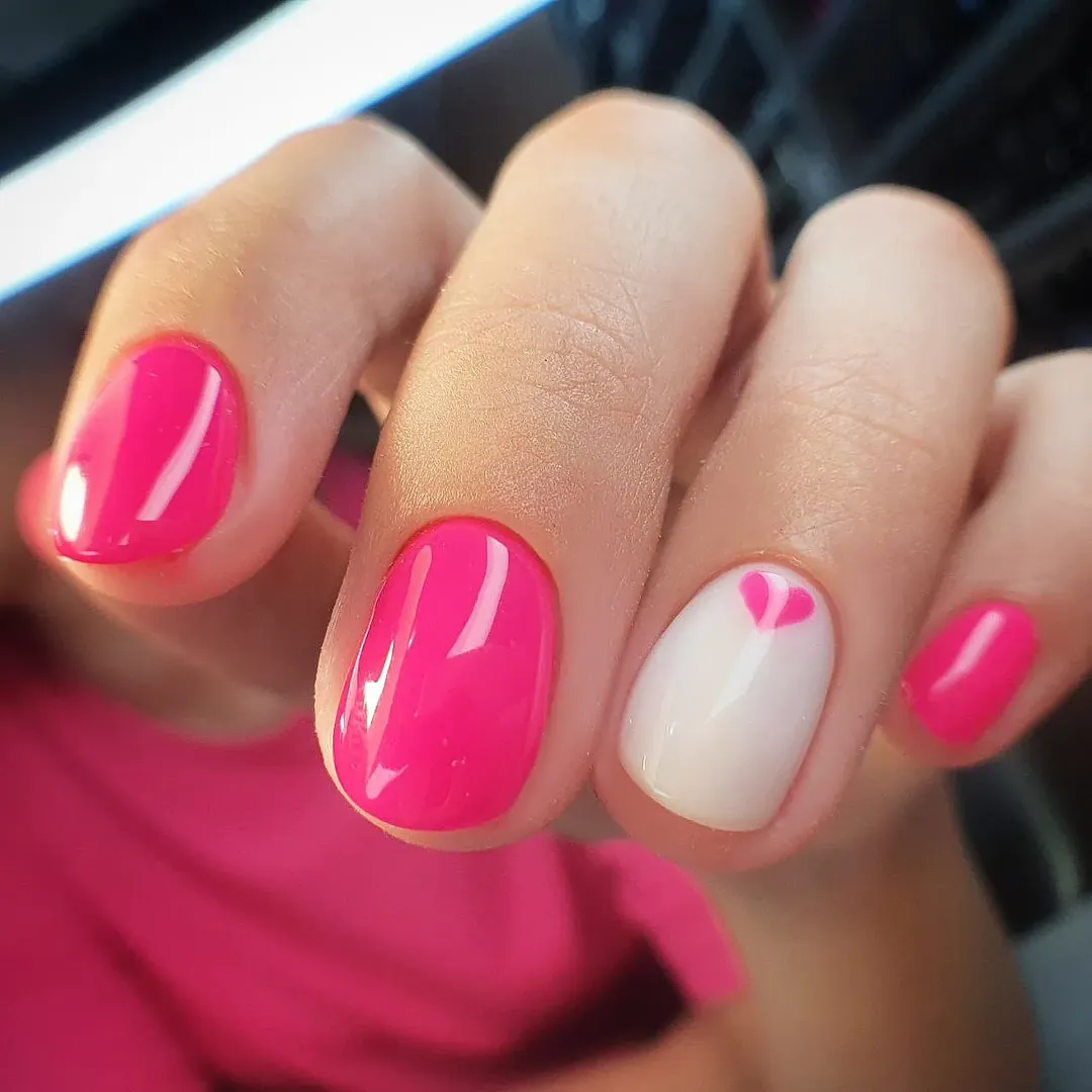 Hot Pink and White Heart Nail Art