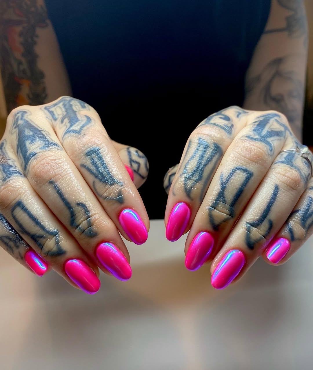 Hot Pink Chrome Oval Nails with Purple Shimmer