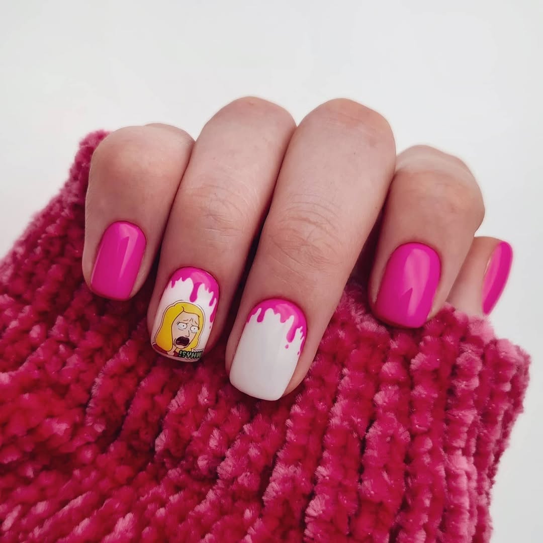 Hot Pink Drips with Cartoon Accents Short Squoval Nails
