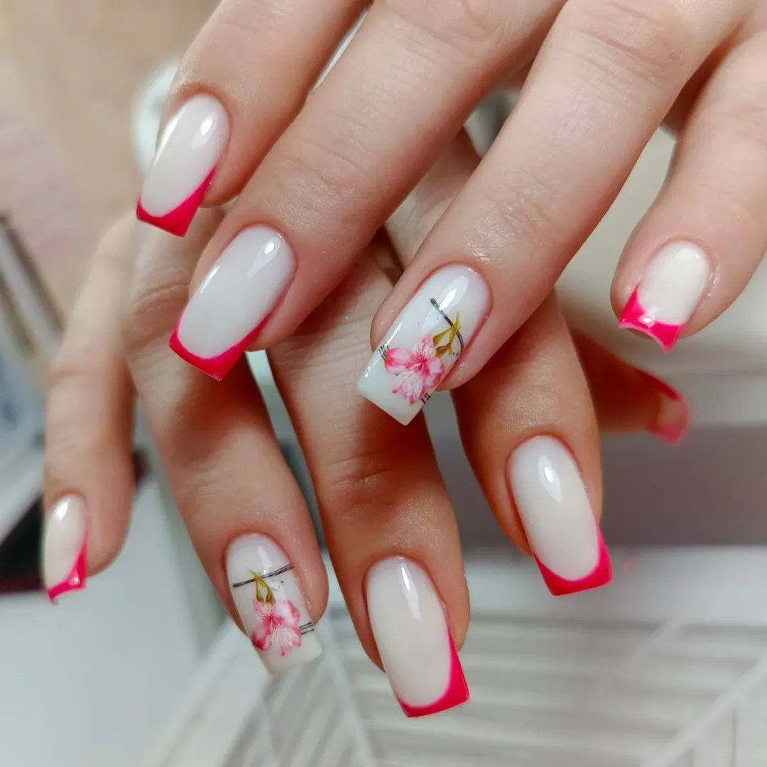 Hot Pink French Tips with Floral Accents