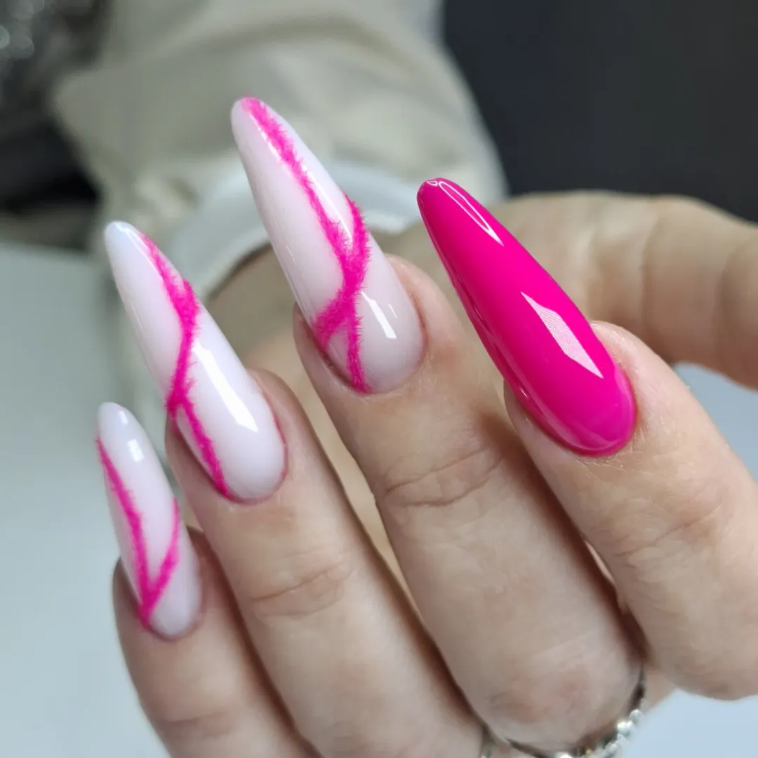 Hot Pink Fuzzy Abstract Stiletto Nails