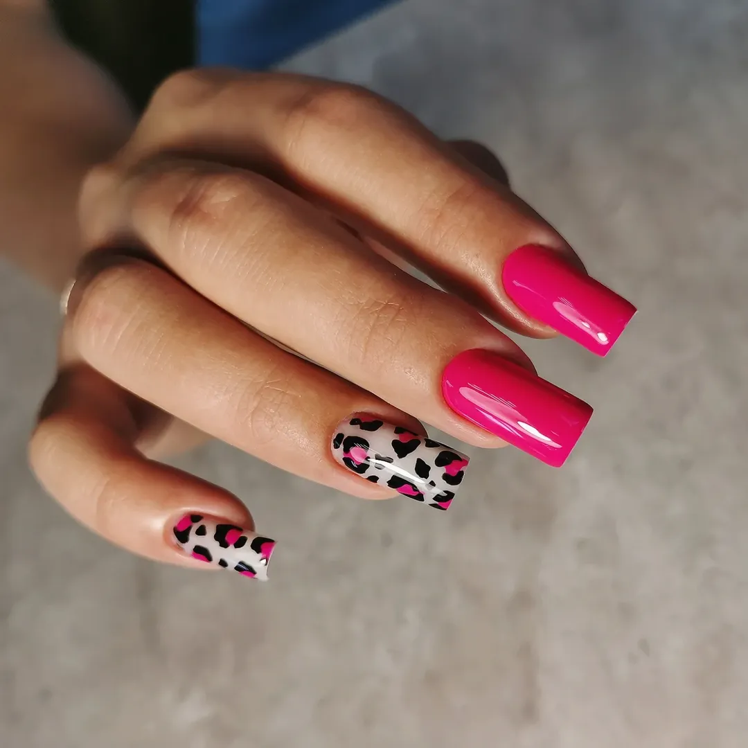 Hot Pink Glossy Leopard Print Long Square Nails