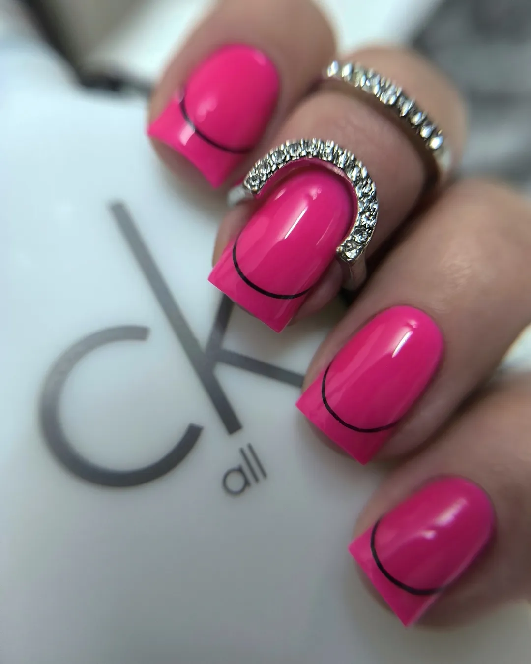 Hot Pink Glossy Square Nails With Black Micro French