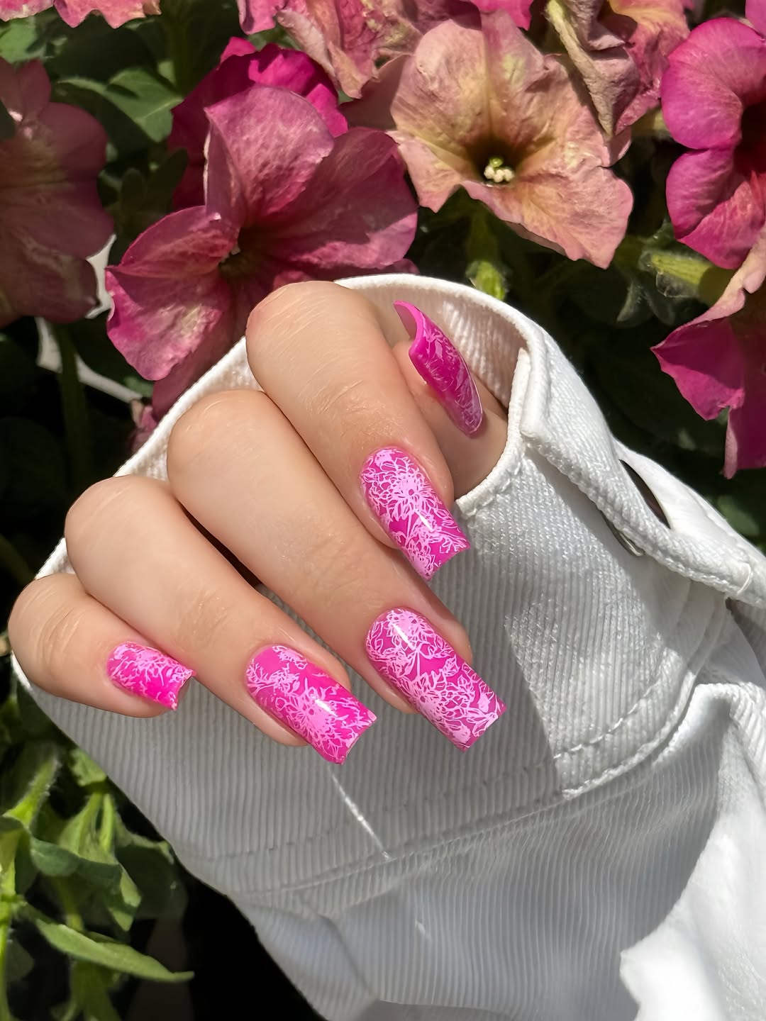 Hot Pink Glossy Square Nails With White Floral Art