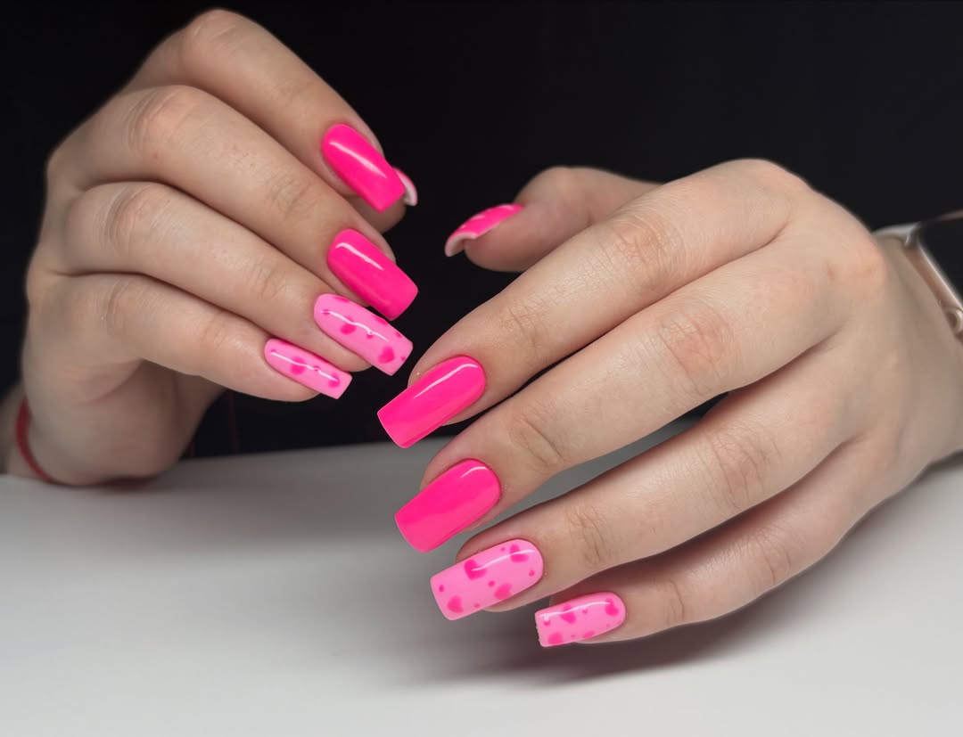 Hot Pink Heart Accent Coffin Nails