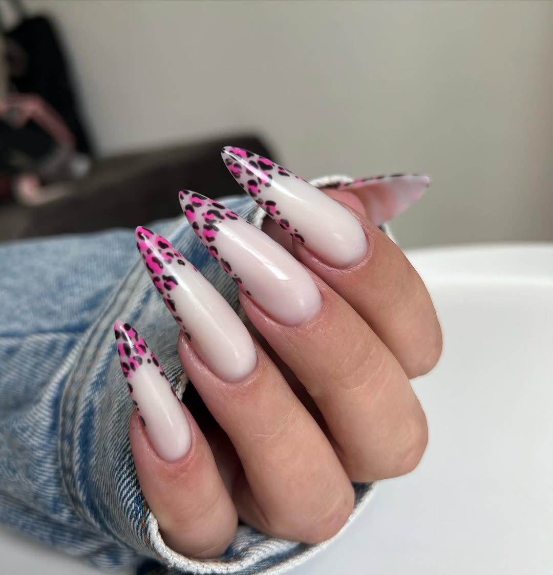 Hot Pink Leopard Print Stiletto French Tips