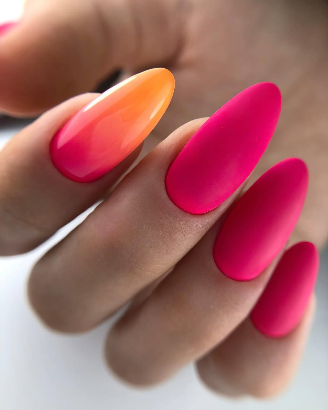Hot Pink Matte and Orange Ombre Long Almond Nails
