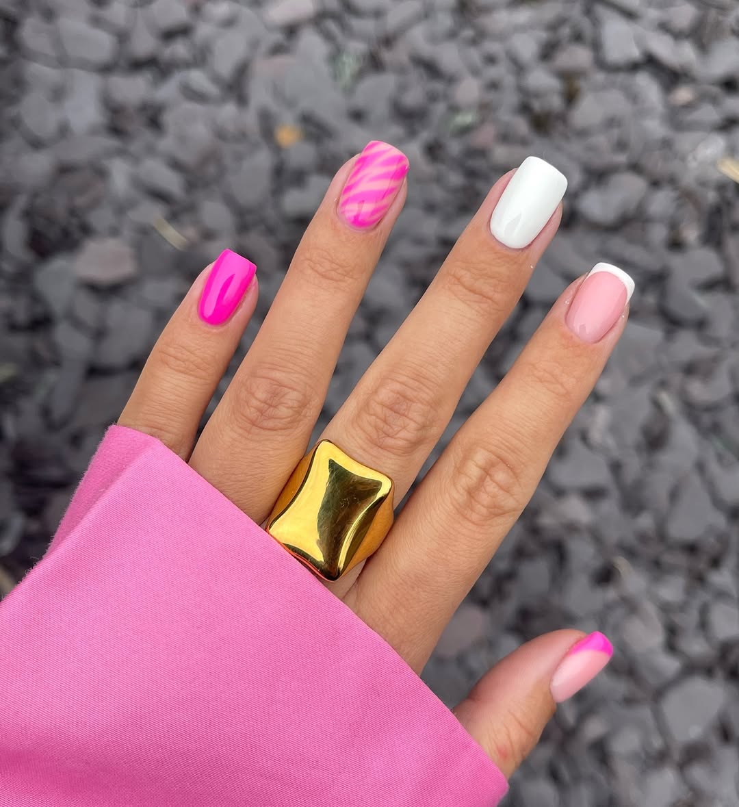 Hot Pink Mix And Match Square Summer Nails