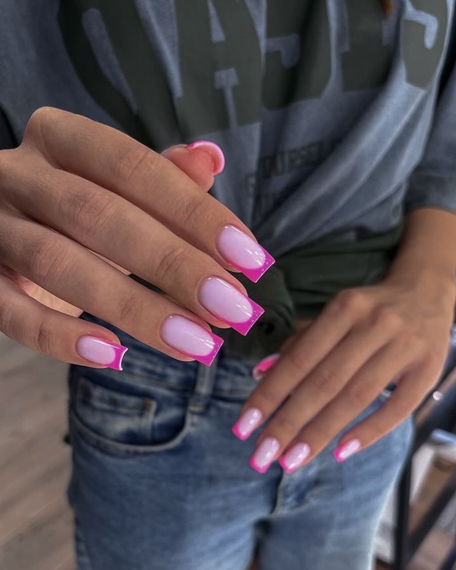 Hot Pink Neon French Tips Square Nails