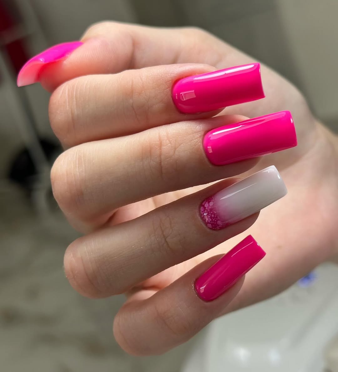 Hot Pink Ombre Glitter Coffin Nails