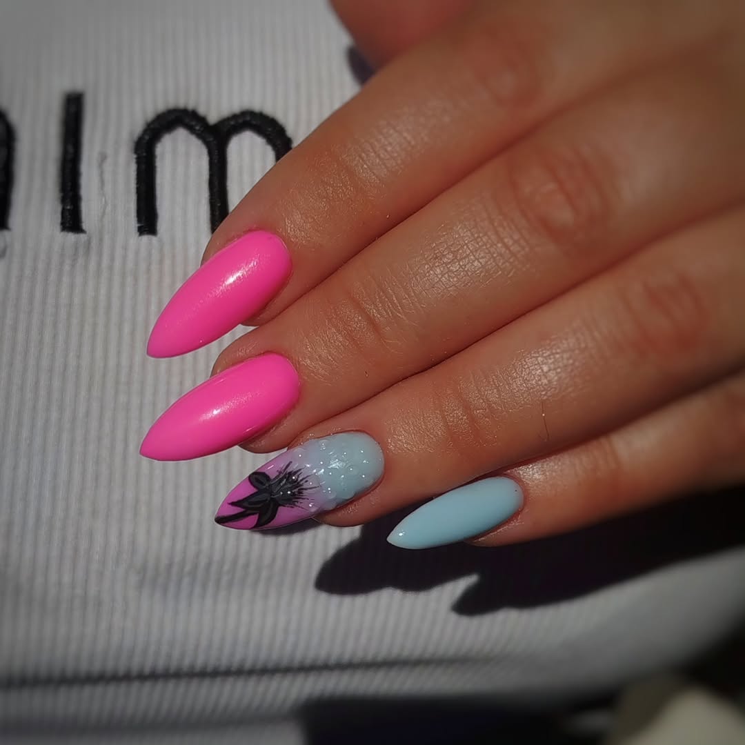 Hot Pink Sky Blue Palm Tree Accent Nails