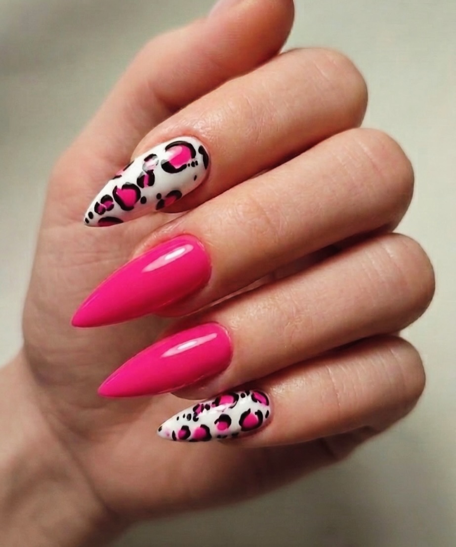 Hot Pink Stiletto Nails with White Leopard Print Accents