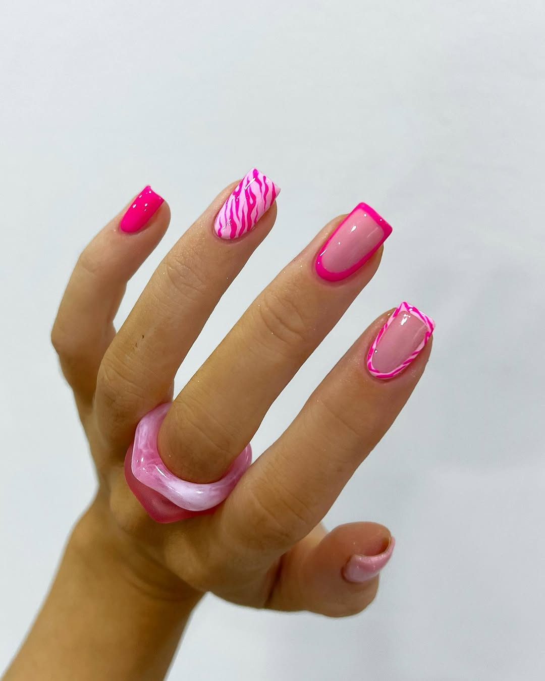 Hot Pink Swirls and French Tips Short Square Nails