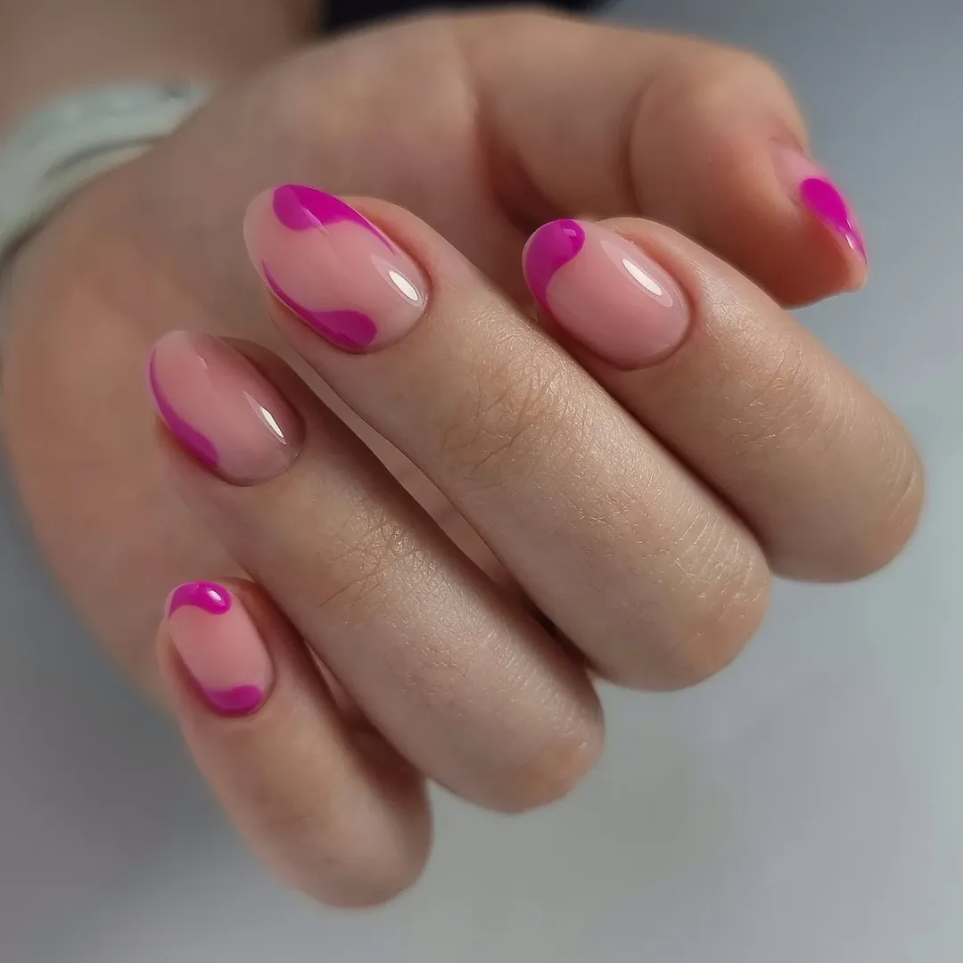 Hot Pink Wavy Abstract Glossy Overlay Oval Nails