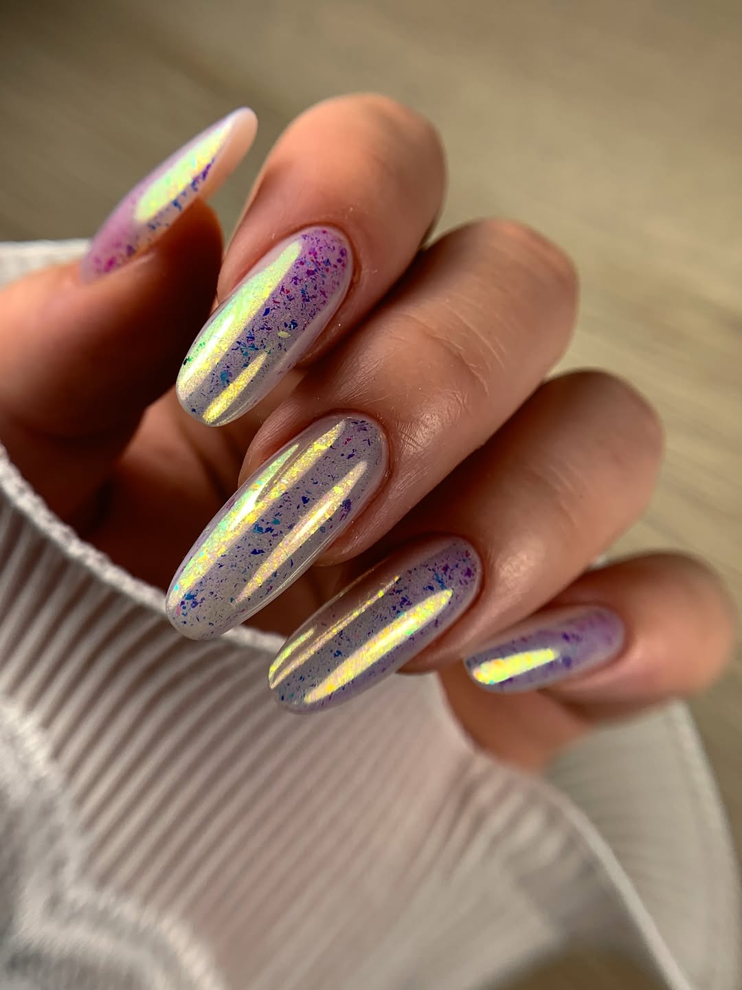 Iridescent Flakes on Lilac Almond Nails
