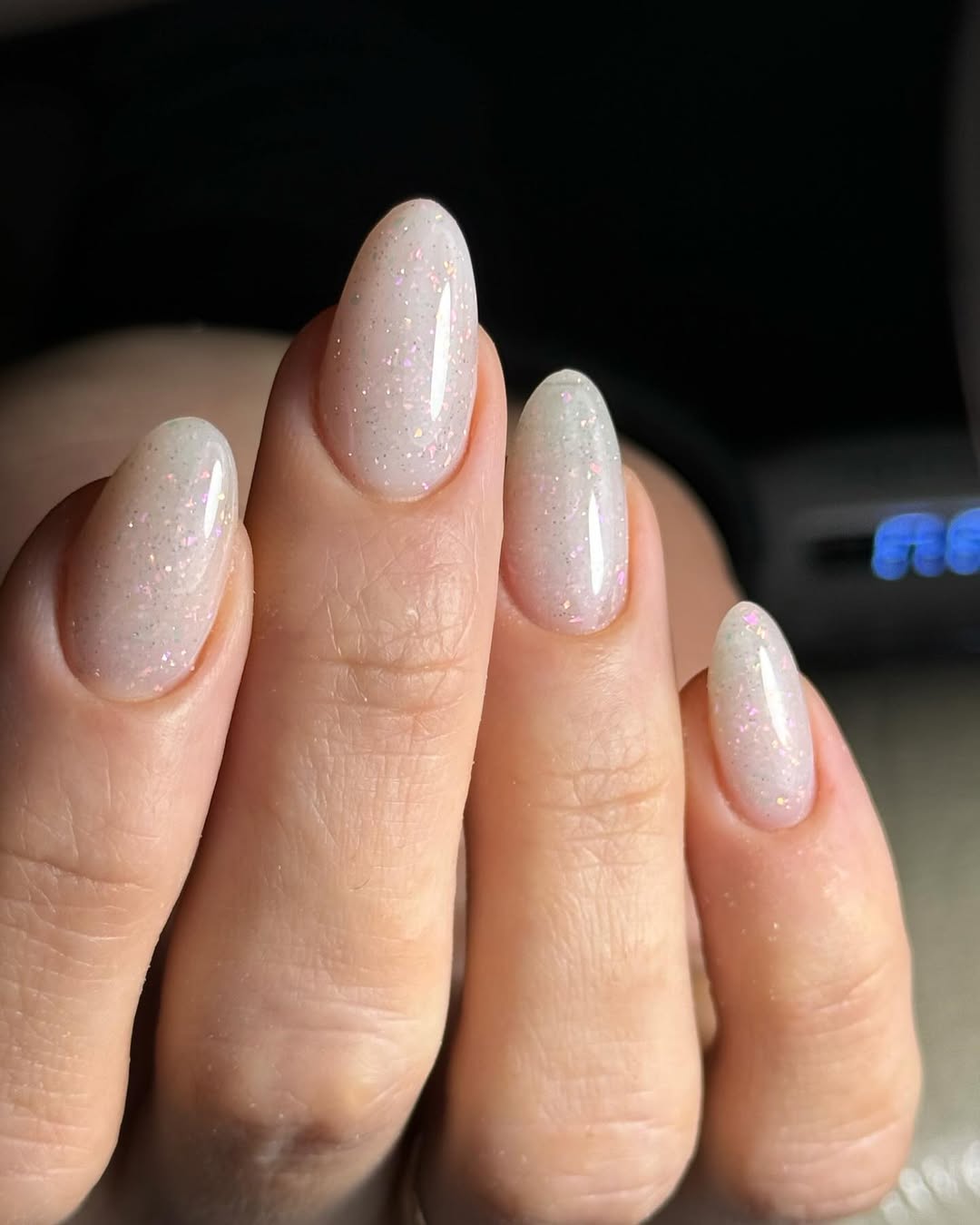 Iridescent Glitter Milky White Short Oval Nails