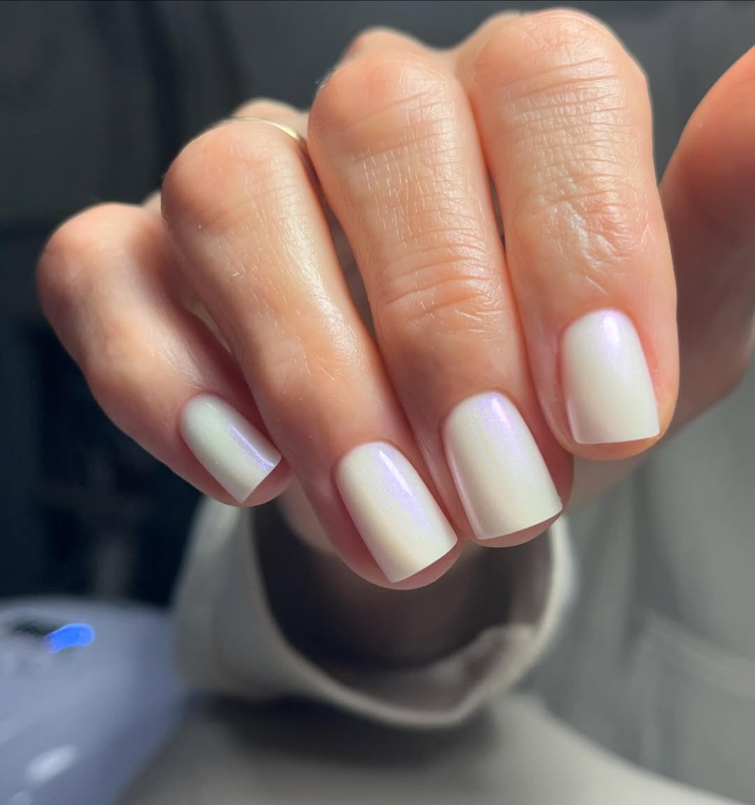 Iridescent Milky White Square Short Nails