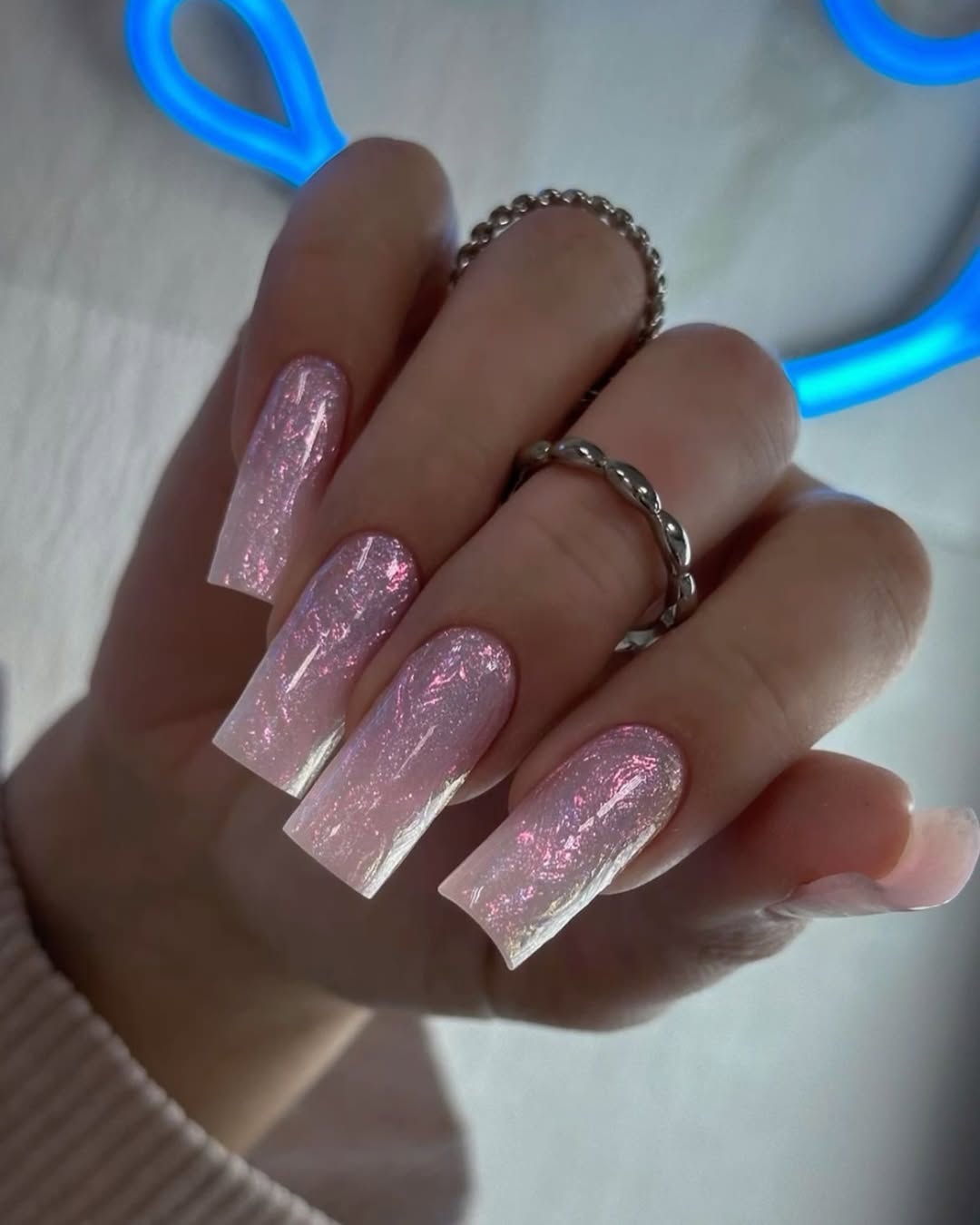 Iridescent Pink Glitter Square Long Nails