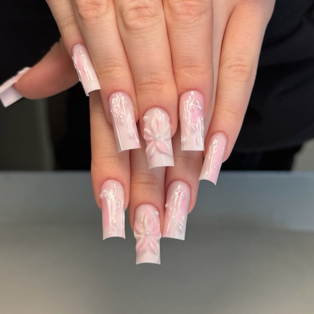 Iridescent Pink Pearl Square Nails with 3D Bows