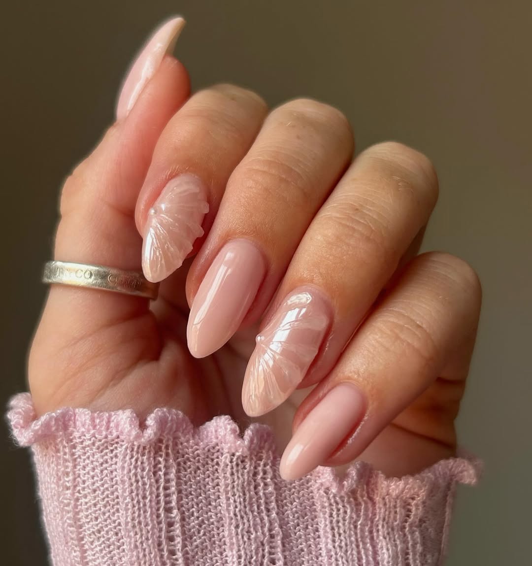 Iridescent Pink Seashell Coffin Nails