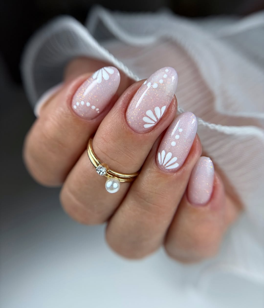 Iridescent Pink With White Floral Dot Nail Art