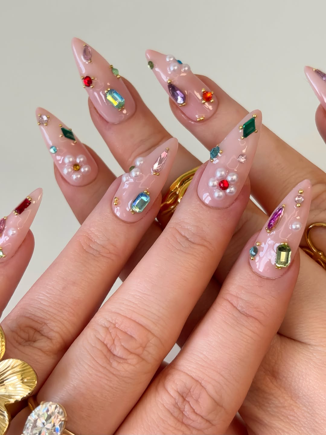 Jeweled Stiletto Rhinestone Nails with Gold Accents
