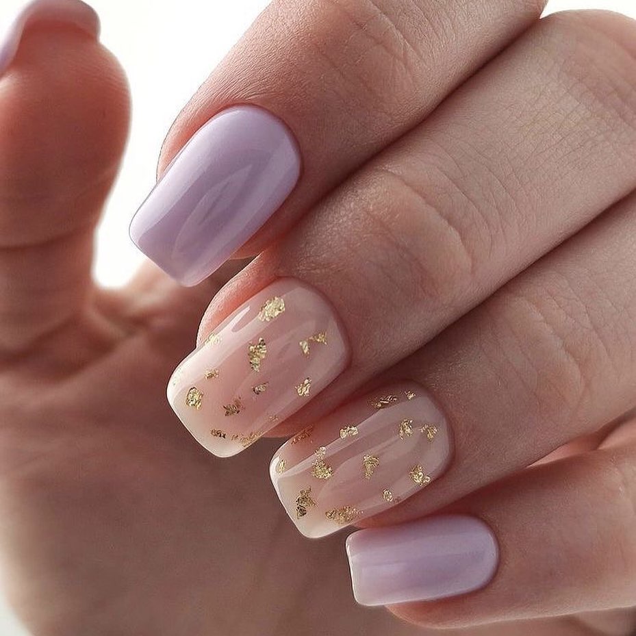 Lavender And Gold Flake Square Nails