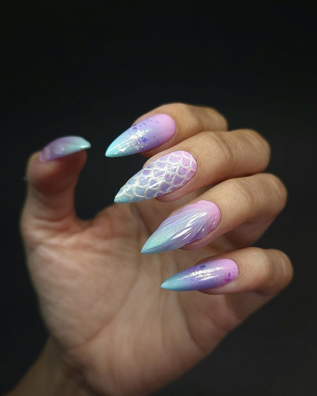 Lavender Aqua Opal Mermaid Stiletto Nails