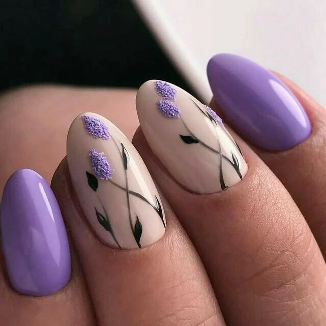 Lavender Floral Art Accent Purple Almond Nails