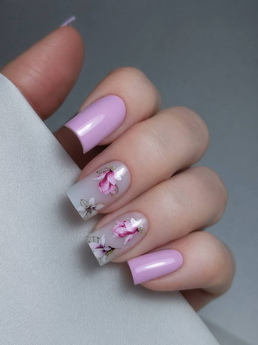 Lavender Floral Decal Square Glossy Nails