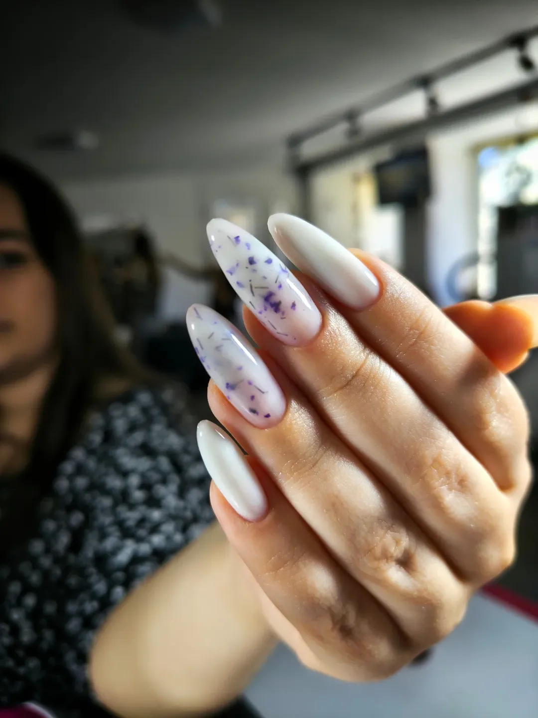 Lavender Floral Encapsulated Milky Almond Nails