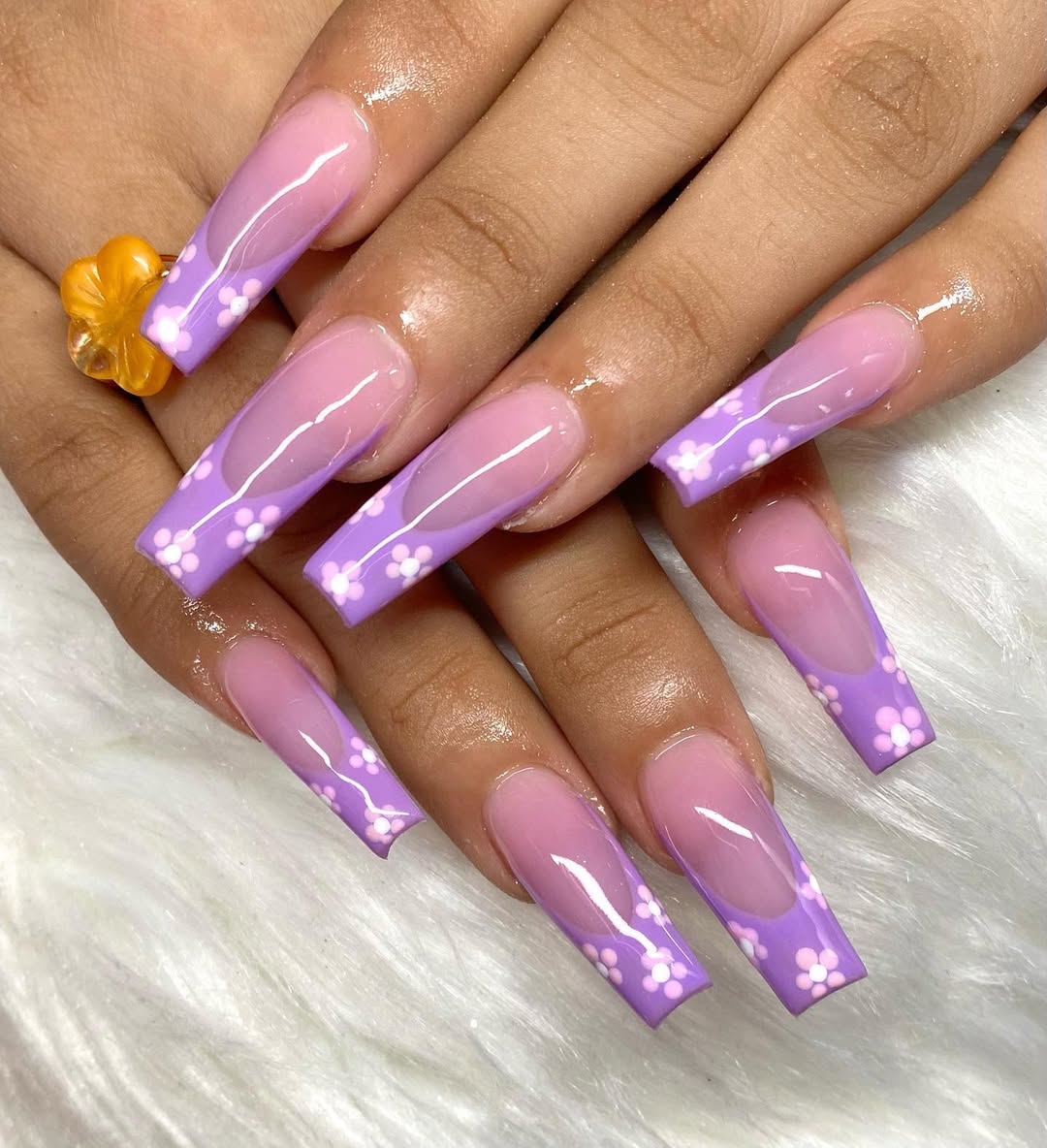 Lavender Floral French Tip Coffin Nails