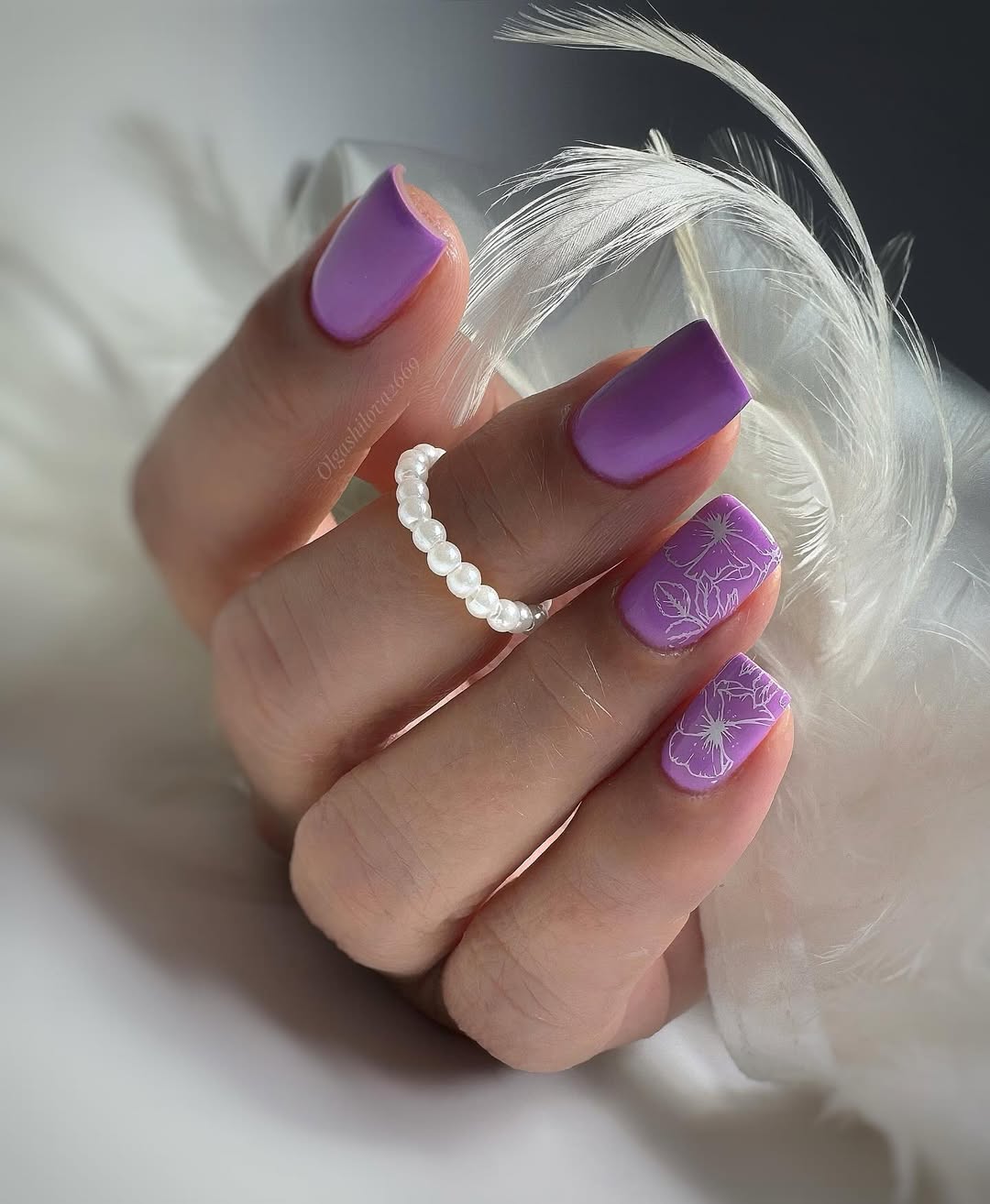 Lavender Floral Stamped Square Glossy Nails