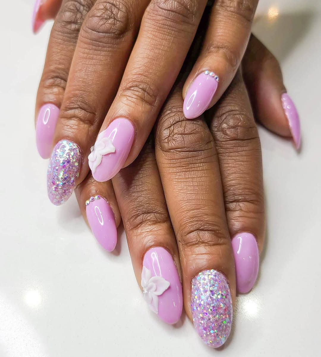 Lavender Jelly Glitter Nails With 3D Flower Charms