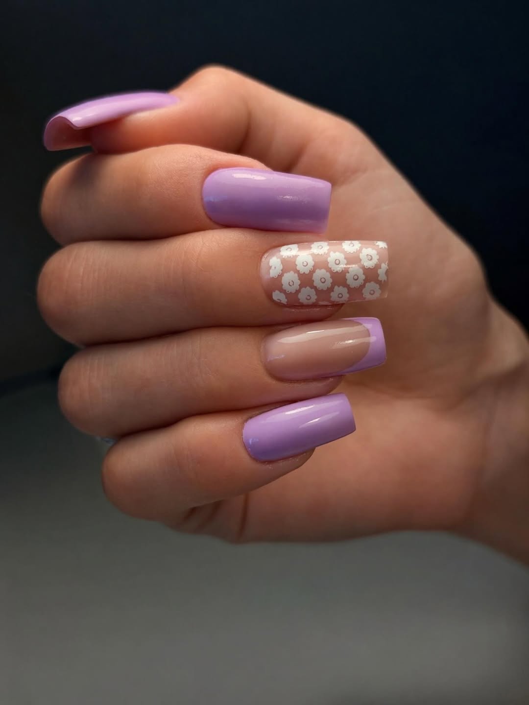 Lavender Nails With Daisy Accent And French Tips