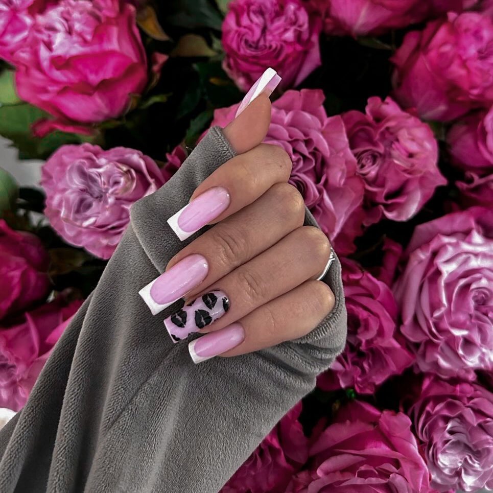 Lavender Pink French Tip Coffin Nails With Leopard Accent